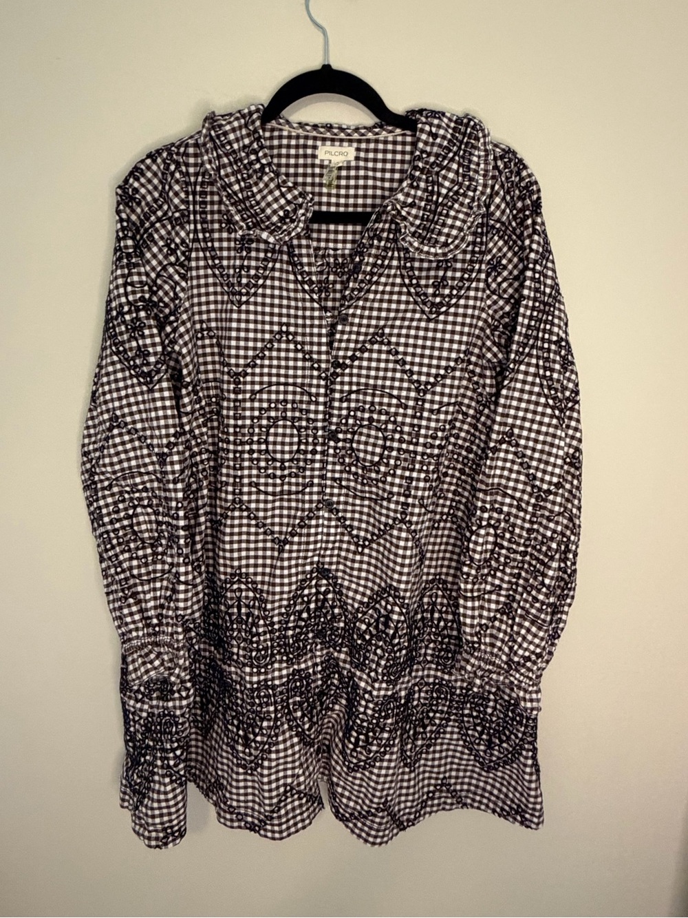 Pilcro Kiera Brown & White Gingham Embroidered long sleeve Shirt dress
